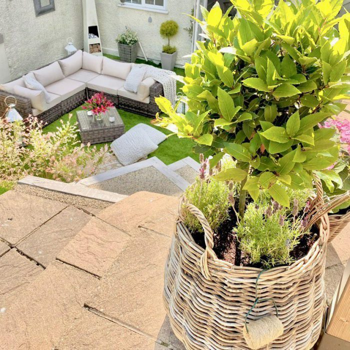 Grey & Buff Rattan Pot-Bellied Basket