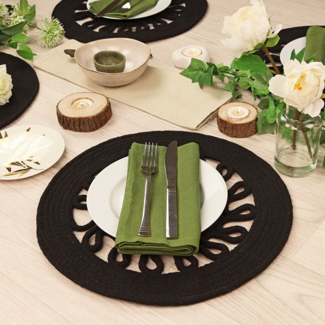 Set of Two Round Woven Black Fabric Placemats 
