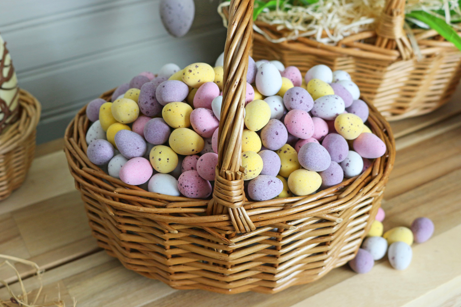 A child's easter basket filled with delicious mini chocolate eggs.