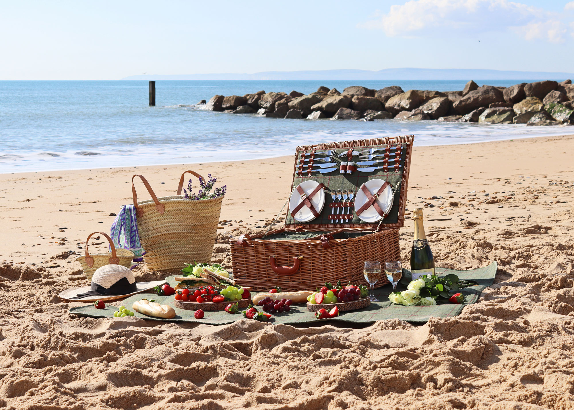 A wicker basket on a sunny beach