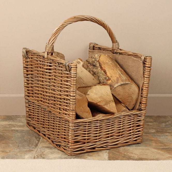 Antique Wash Open End Wicker Log Basket 