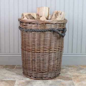 Antique Wash Round Tall Wicker Log Basket 