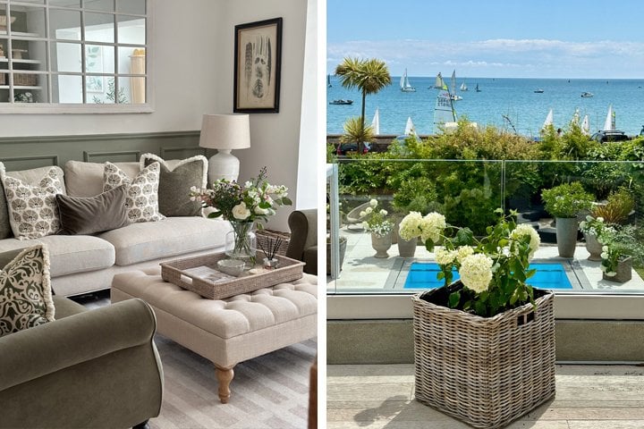 Stylish living room with wicker tray on ottoman and coastal balcony view featuring rattan planter filled with hydrangeas