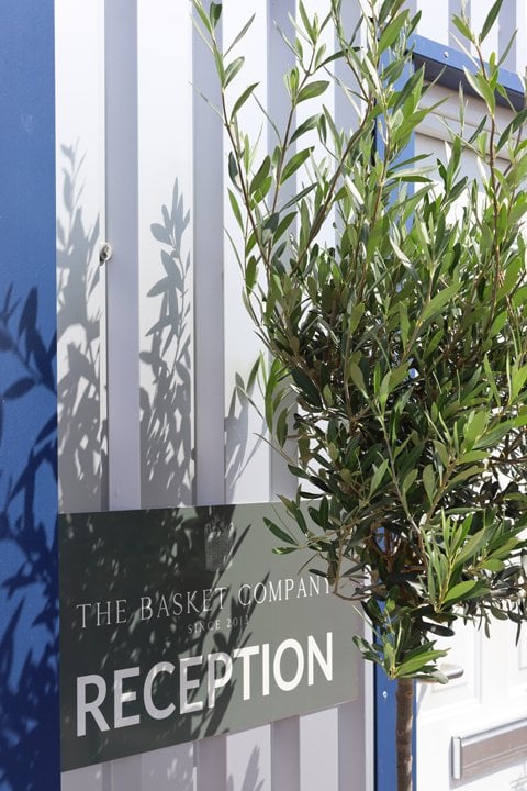 Reception sign at The Basket Company offices beside olive tree in wicker planter by white entrance door.