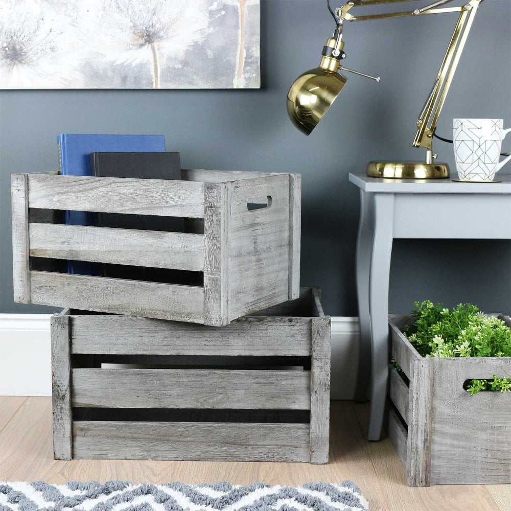 Deep Grey Vintage Style Wooden Crate - The Basket Company