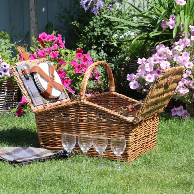Double Lidded Wicker Picnic Basket Hamper For 4 - Country Tweed