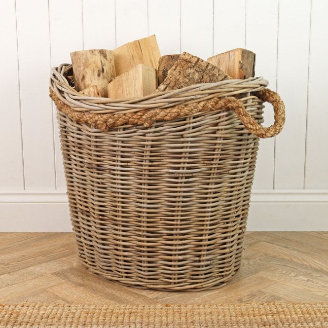 Grey & Buff Rattan Oval Rope Handled Wicker Log Basket