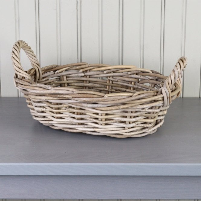 Grey & Buff Rattan Oval Wicker Storage Basket Tray