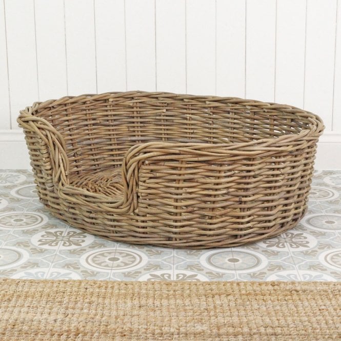 Grey & Buff Rattan Wicker Dog Bed Basket