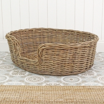 Grey & Buff Rattan Wicker Dog Bed Basket