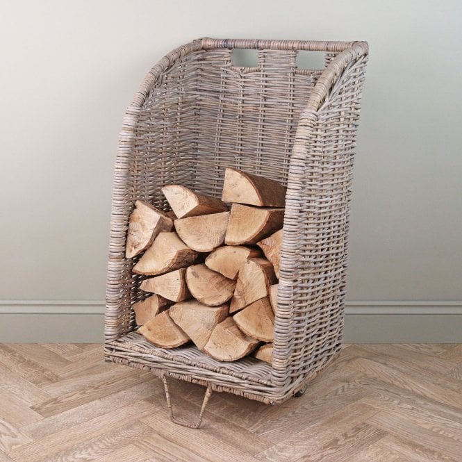 Grey & Buff Rattan Wicker Log Basket Trolley