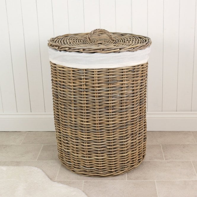 Grey & Buff Round Rattan Wicker Laundry Basket