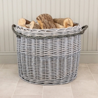 Grey Wash Round Wicker Log Basket Lined