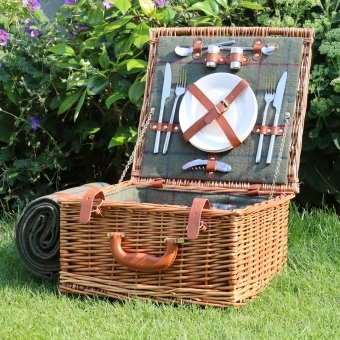 Luxury Wicker Picnic Basket Hamper For 2 - Green Tweed