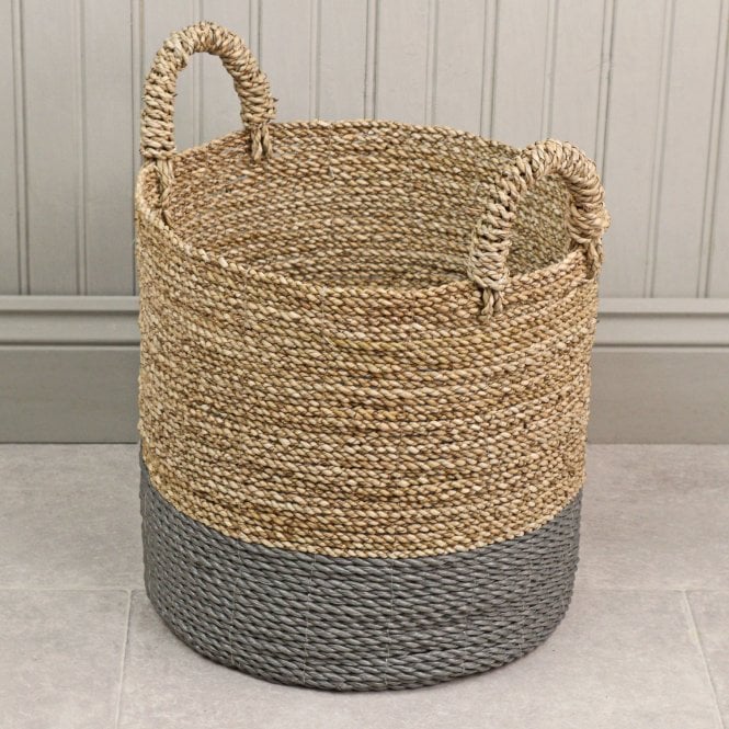 Natural & Grey Round Woven Storage Basket with Handles