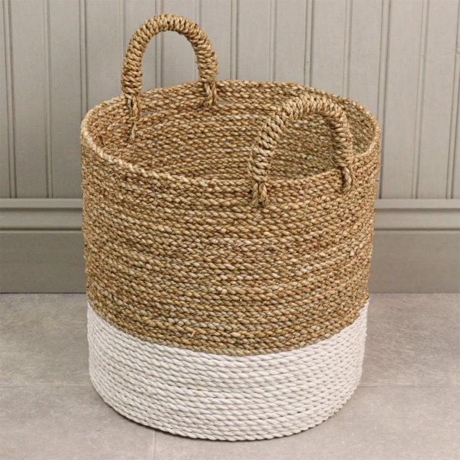 Natural & White Round Woven Storage Basket With Handles