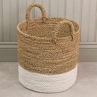 Natural & White Round Woven Storage Basket With Handles
