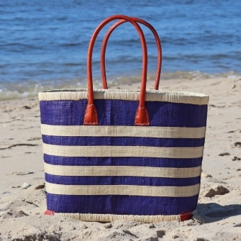 Navy Nautical Striped Woven Raffia Bag