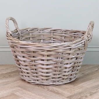 Oval Grey & Buff Rattan Deep Wicker Storage Basket