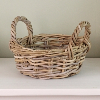 Small Grey & Buff Rattan Round Wicker Storage Basket With Handles
