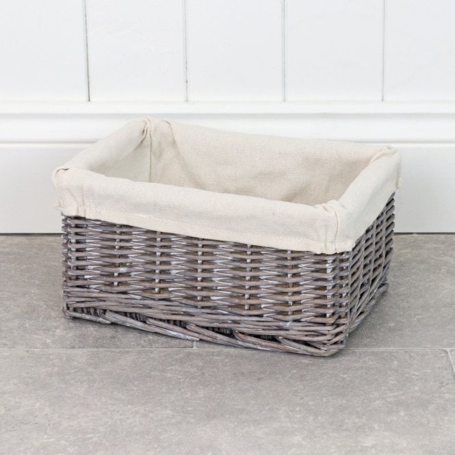 Small Lined Grey Wash Wicker Storage Basket