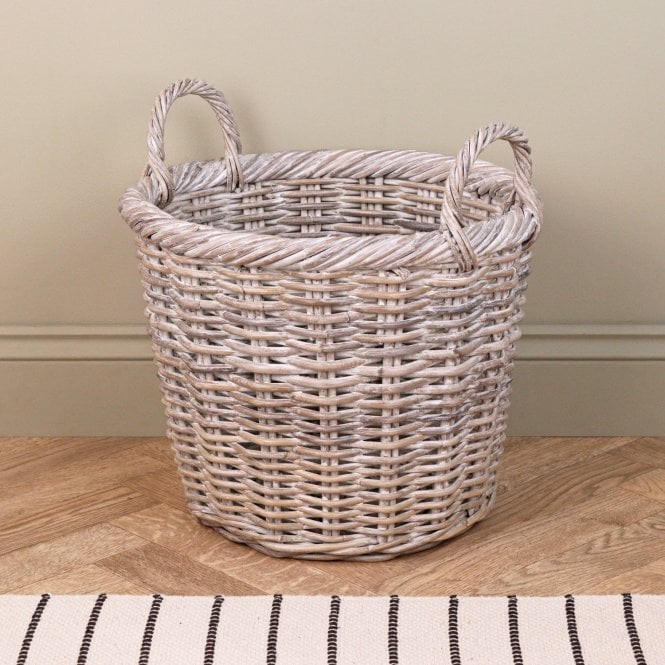 Whitewash Rattan Round Wicker Storage Basket