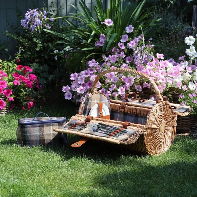 Wicker Barrel Picnic Basket Hamper For 2 - Country Tweed