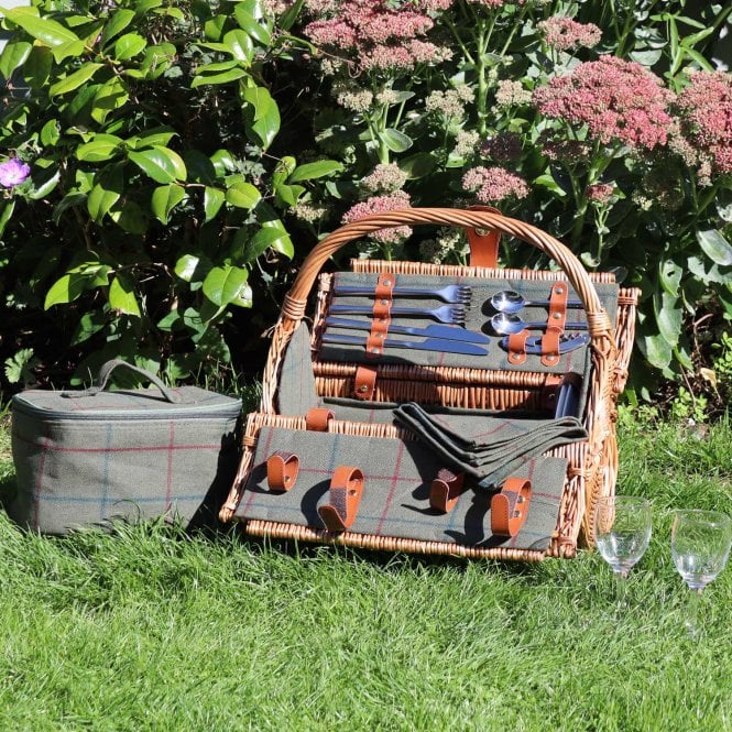 Wicker Barrel Picnic Basket Hamper For 2 - Green Tweed