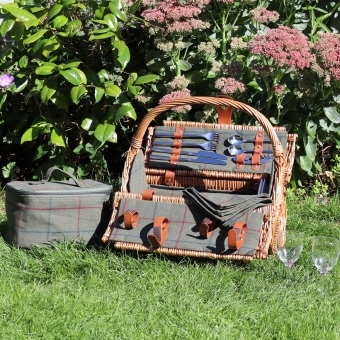 Wicker Barrel Picnic Basket Hamper For 2 - Green Tweed