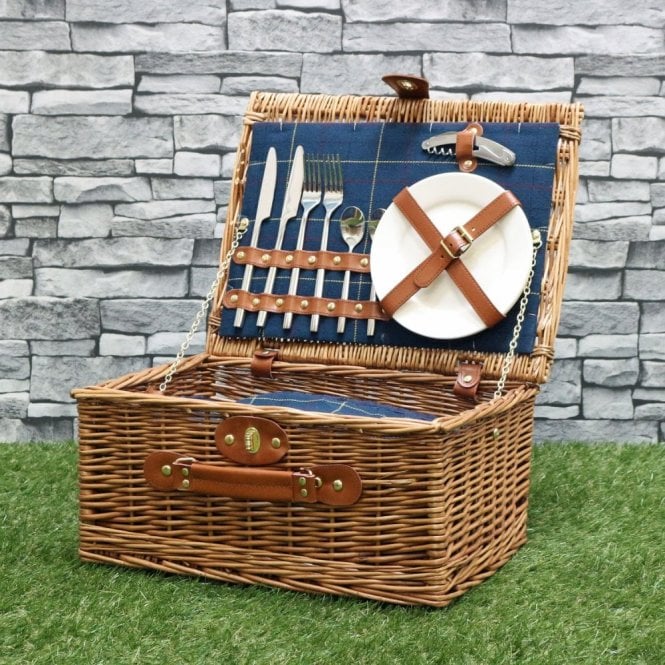 Wicker Picnic Hamper Basket For 2 - Blue Tweed 