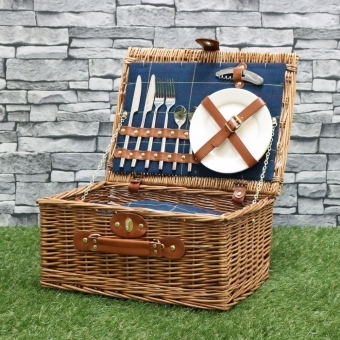 Wicker Picnic Hamper Basket For 2 - Blue Tweed 