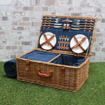Wicker Picnic Hamper Basket For 4 - Blue Tweed